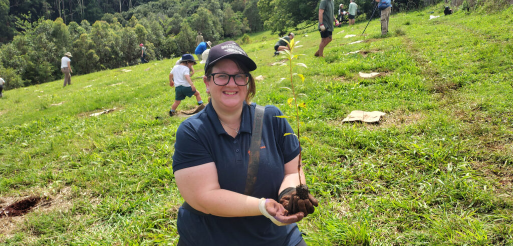 Summerland Bank staff tree planting with Bangalow Koalas for their conservation project.
